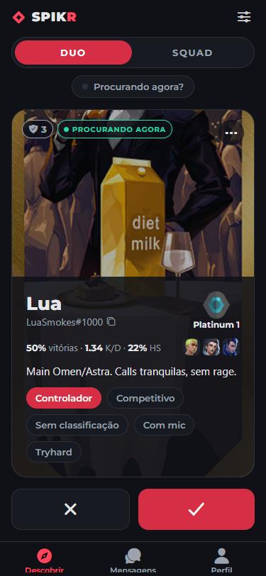 Tela Descobrir: card de um jogador com rank, estatísticas, funções e botões de pular e curtir