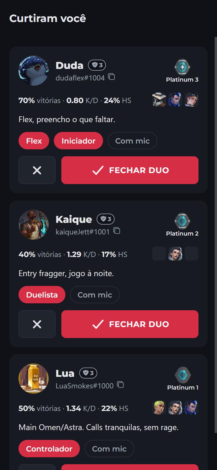 Tela Curtiram você: lista de jogadores que curtiram o perfil, com botão Fechar duo