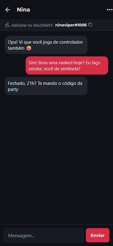 Chat do duo com o Riot ID do parceiro no topo pra adicionar no VALORANT